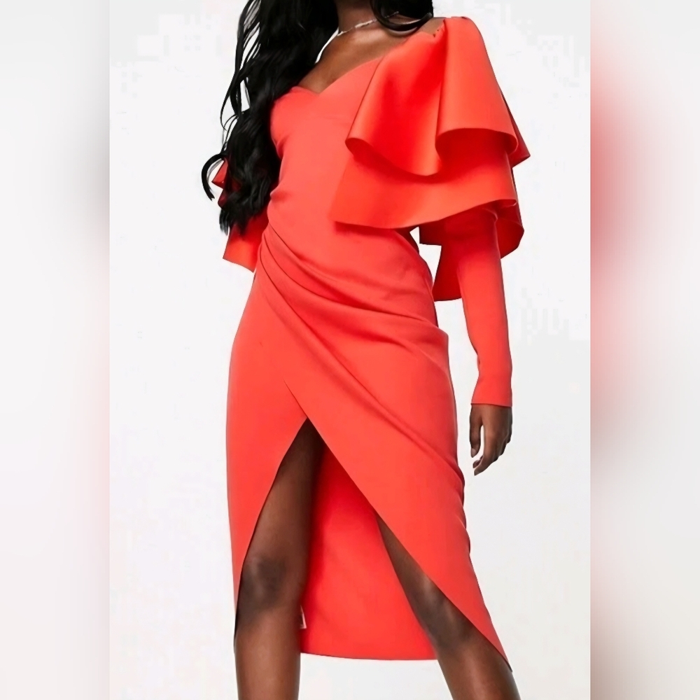 ASOS DESIGN Size 10 Red Orange Dramatic Ruffled Sleeves Open Back Midi Dress NWT - Picture 11 of 11